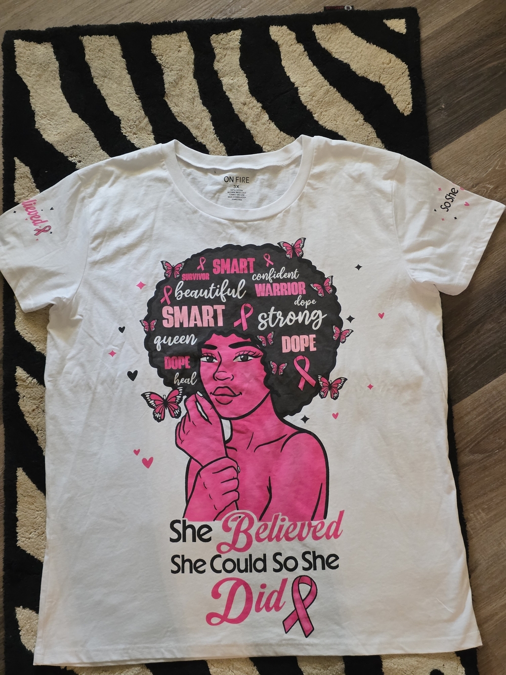 On Fire White Tee with Pink and Black Empowerment Graphic
